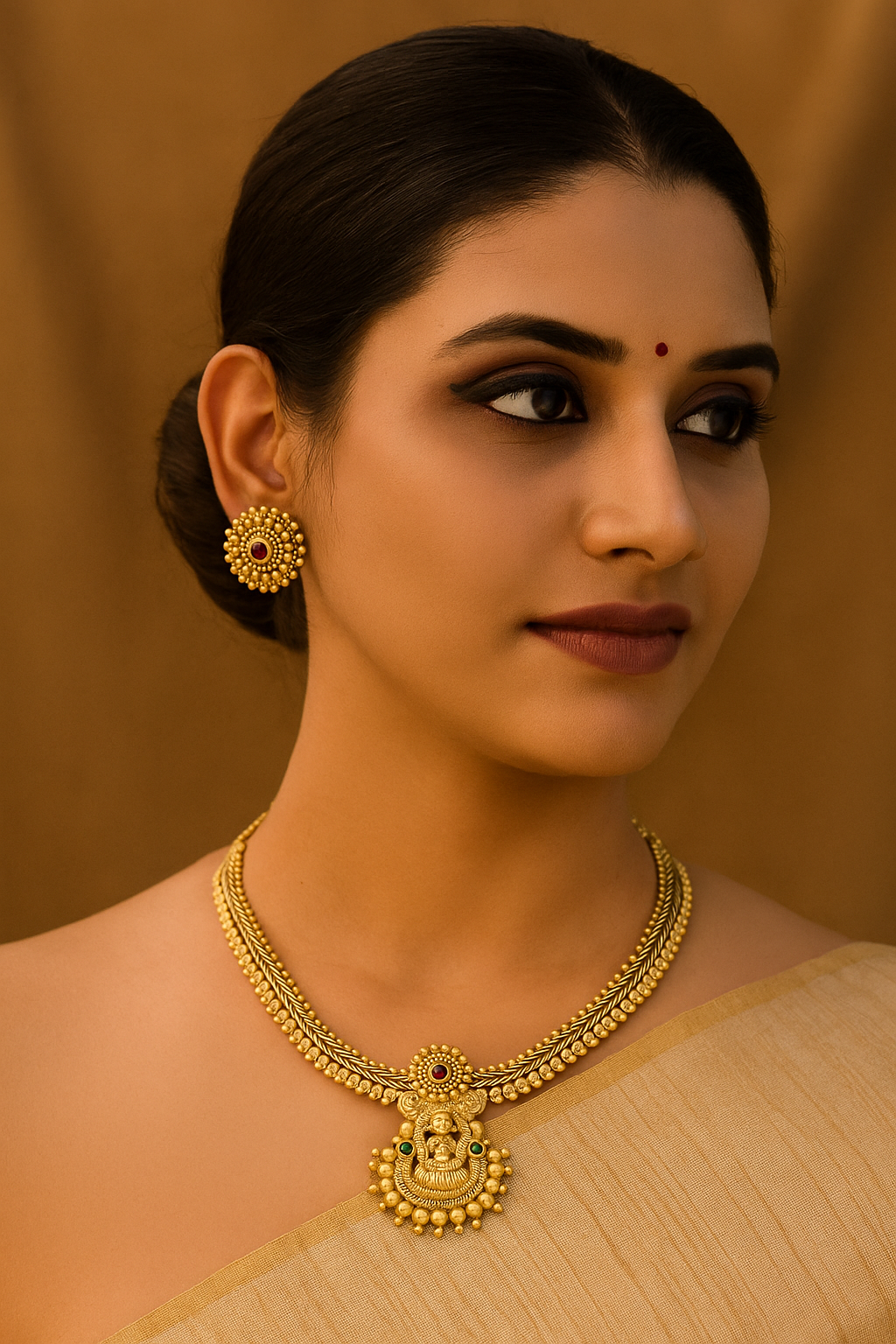 Antique Lakshmi Temple Necklace Set with Traditional Studs